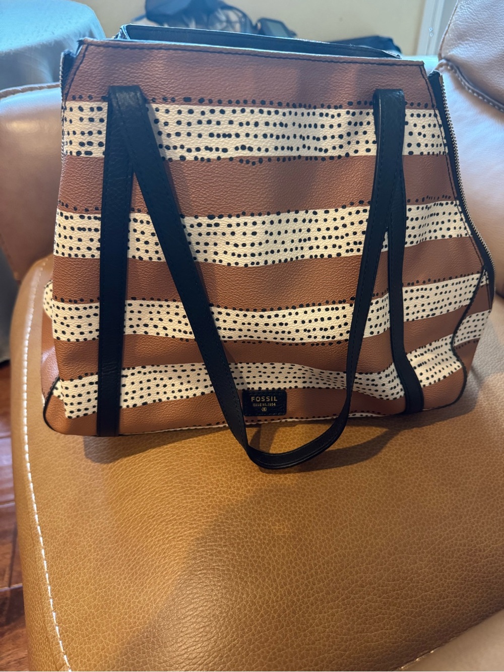 Fossil Tan & White Striped Tote with Black Handles
